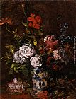Famous Blue Paintings - Floral still life in a blue and white porcelain vase